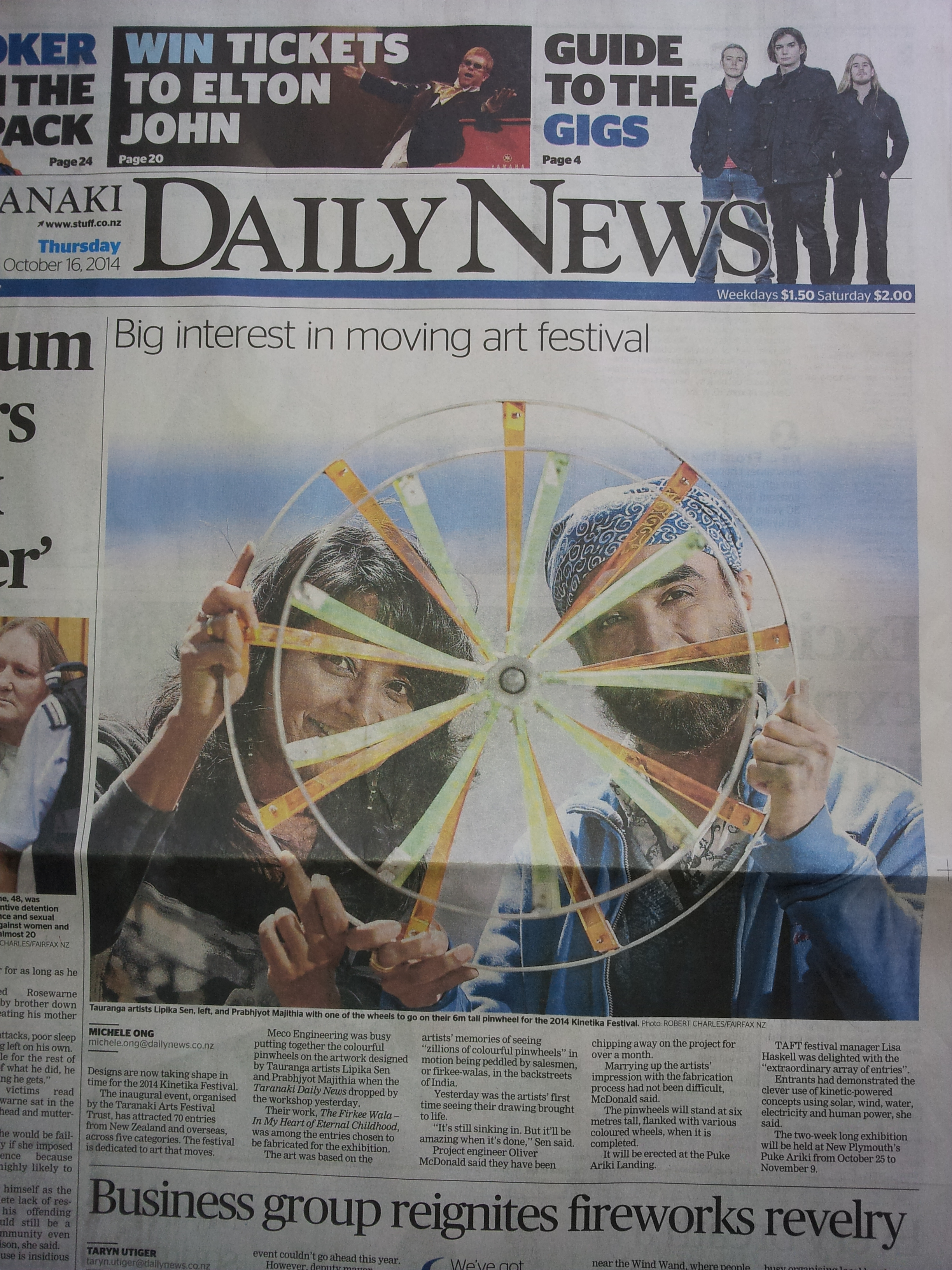 Artists Lipika & Prabhjyot featured in Taranaki Daily News front page - Kinetika 2014